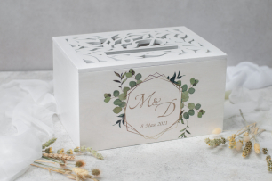Короб для конвертов - стильное решение для конвертиков с подарками молодоженам. Уникальный персонализированный узор выполнен в стилистике свадьбы. 